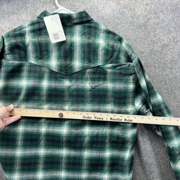 Levis Shirt Womens Medium Green Plaid Western Pearl Snap Flannel Shacket Heavy - Picture 7 of 11